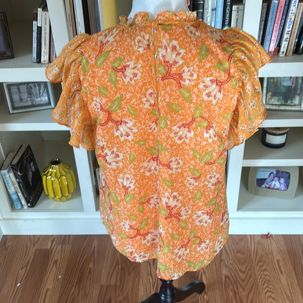 Orange Floral Flutter Sleeve Blouse Medium Cottagecore Boho Spring Anthropologie - Picture 5 of 12